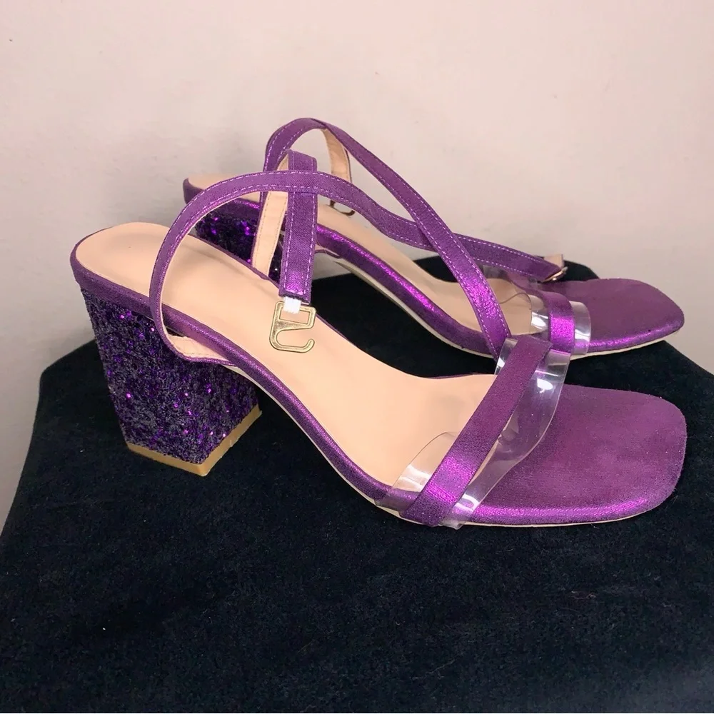 Y2K Era Size 6 Purple Glitter Chunky Heel Shoes Party Event Prom Square Toe